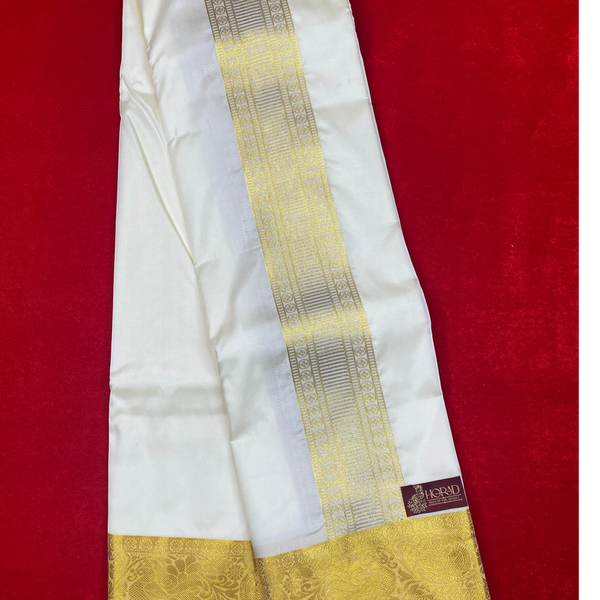 Horad Premium Art Silk Cream Peacock Border Shirt Material+Dhoti ( 2 in 1)