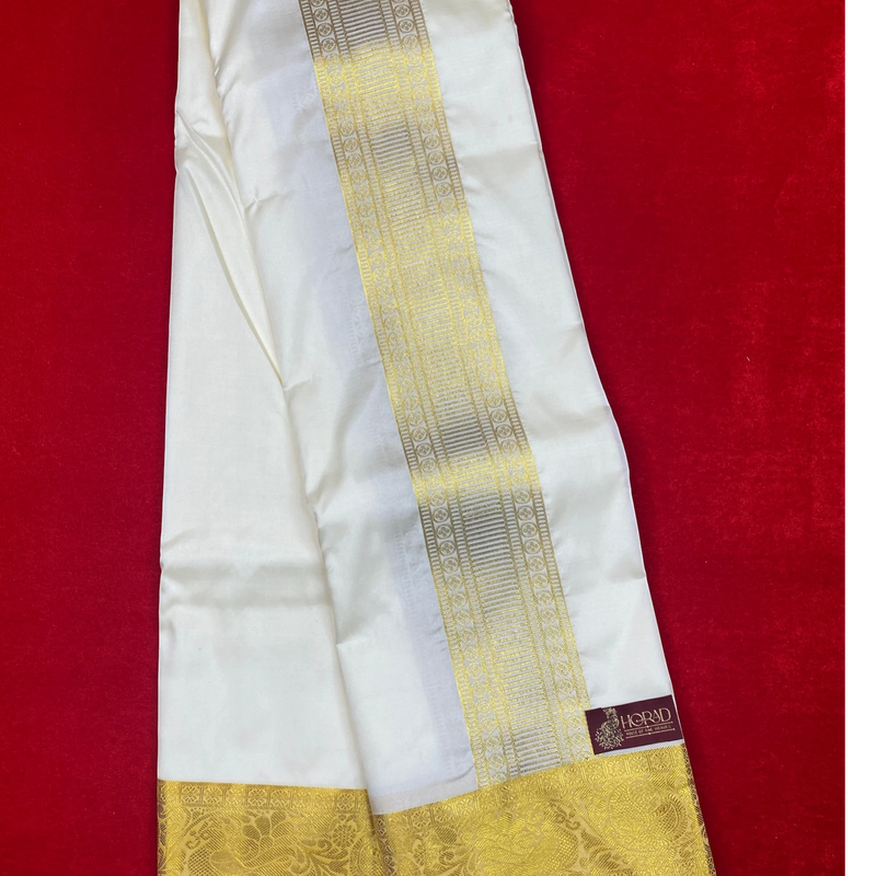 Horad Premium Art Silk Cream Peacock Border Shirt Material+Dhoti ( 2 in 1)