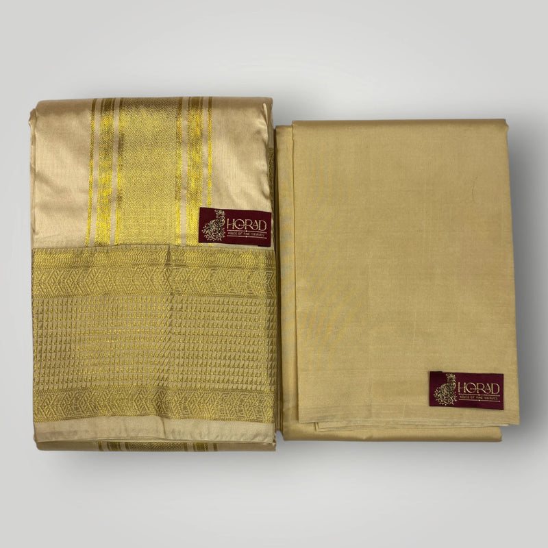 Horad Premium Art Silk Gold 5 inch Border  Shirt Material+Dhoti ( 2 in 1)