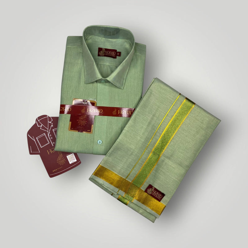 Horad Kora Cotton Tissue Leaf Green Shirt+Dhoti