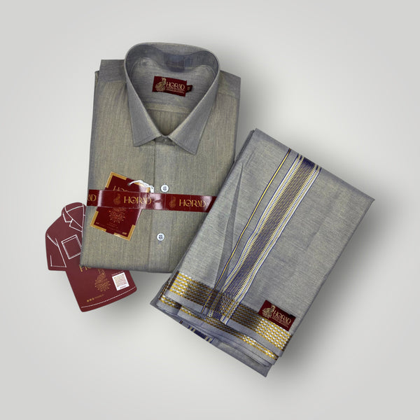 Horad Kora Cotton Tissue Bluish Grey Shirt  + Dhoti