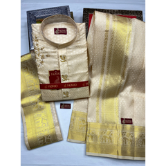 Horad Pure Silk Gold Emboss Elephant Border Wedding Set Aari Work Short Kurta + Dhoti + Angavastram