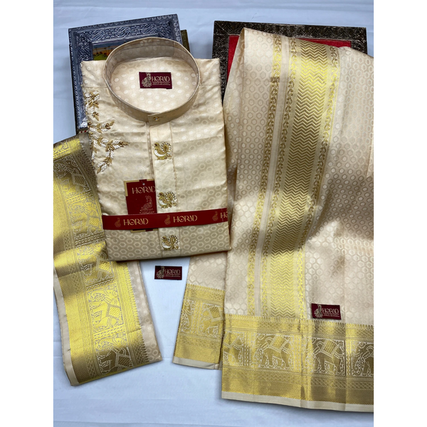 Horad Pure Silk Gold Emboss Elephant Border Wedding Set Aari Work Short Kurta + Dhoti + Angavastram