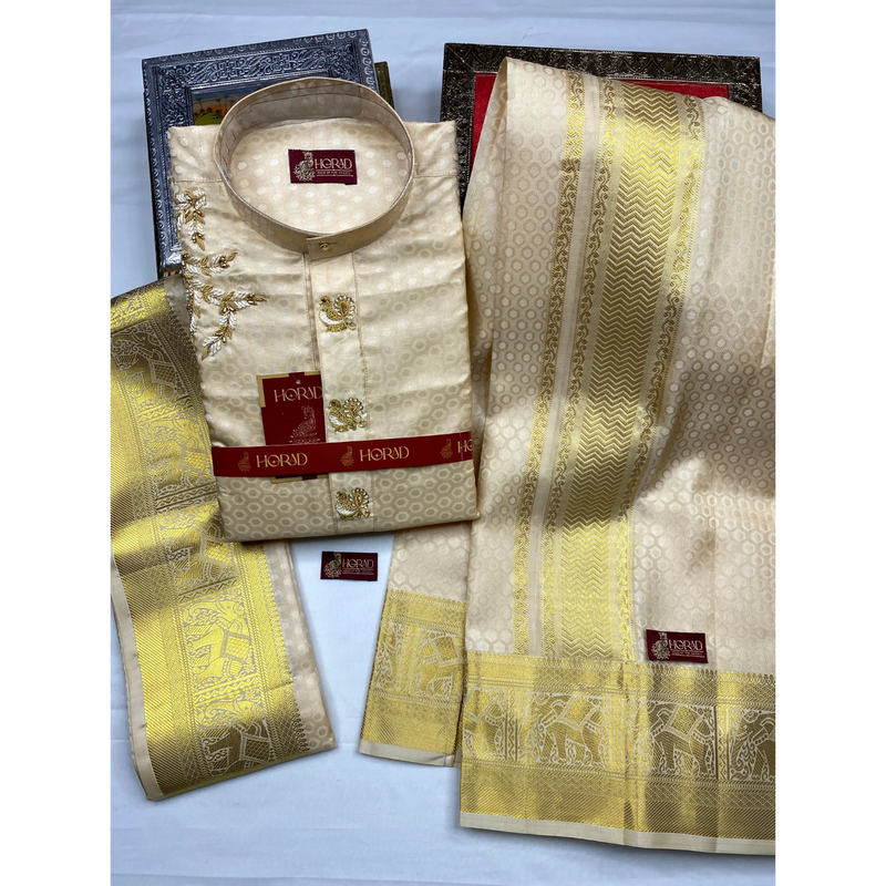 Horad Pure Silk Gold Emboss Elephant Border Wedding Set Aari Work Short Kurta + Dhoti + Angavastram