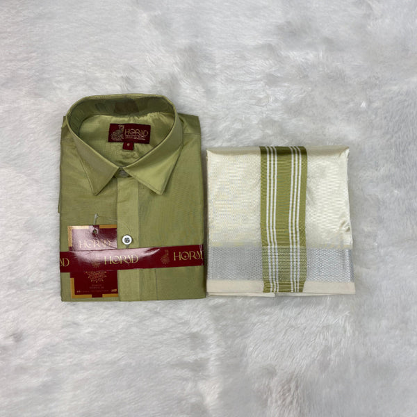 Horad Premium Art Silk Cream with FIR.Green+Silver Border Kids Set