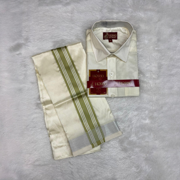 Horad Premium Art Silk Cream with FIR.Green+Silver Border Kids Set