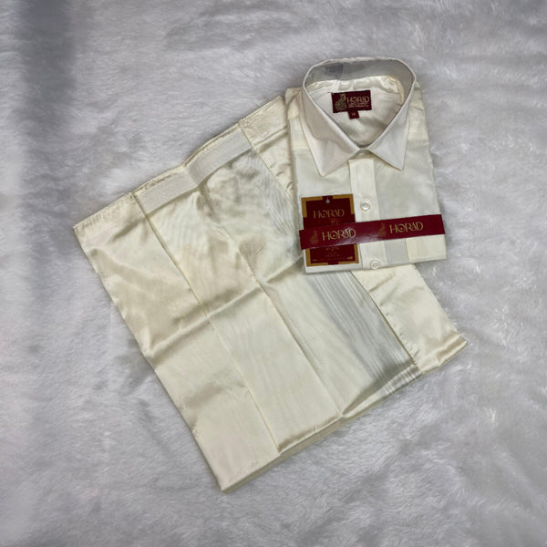 Horad Premium Art Silk Cream with FIR.Green+Silver Border Kids Set