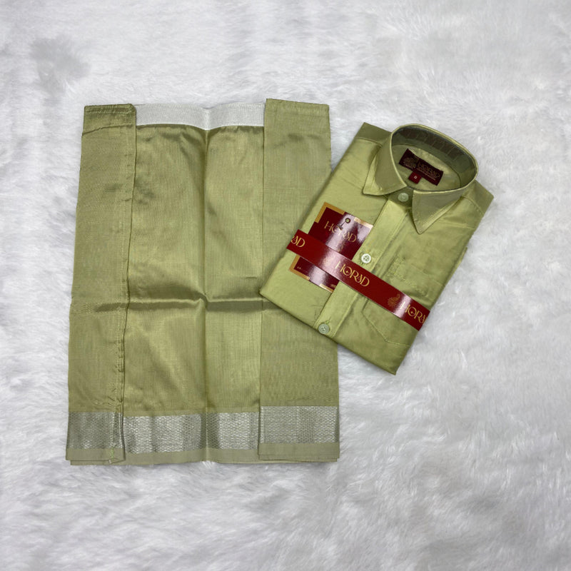 Horad Premium Art Silk Dad and Son FIR.Green Shirt + Welcro Dhoti