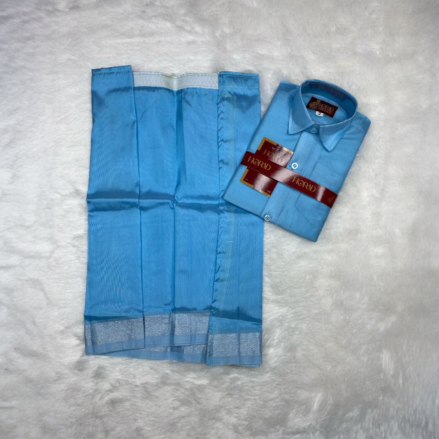 Horad Premium Art Silk Dad and Son Sky Blue Shirt + Welcro Dhoti + Angavastram