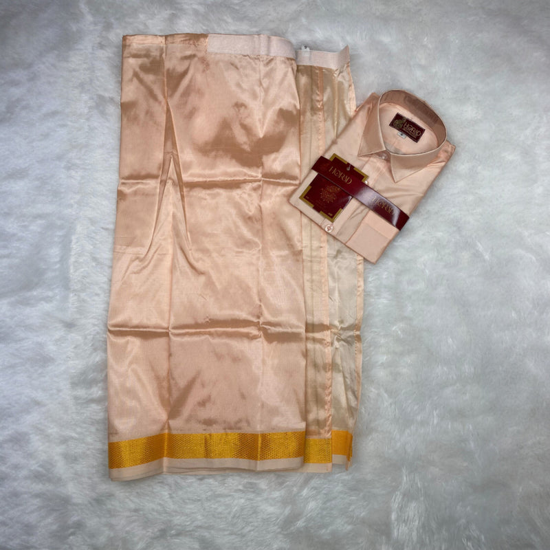 Horad Premium Art Silk Dad and Son Rose Gold Shirt + Dhoti + Angavastram