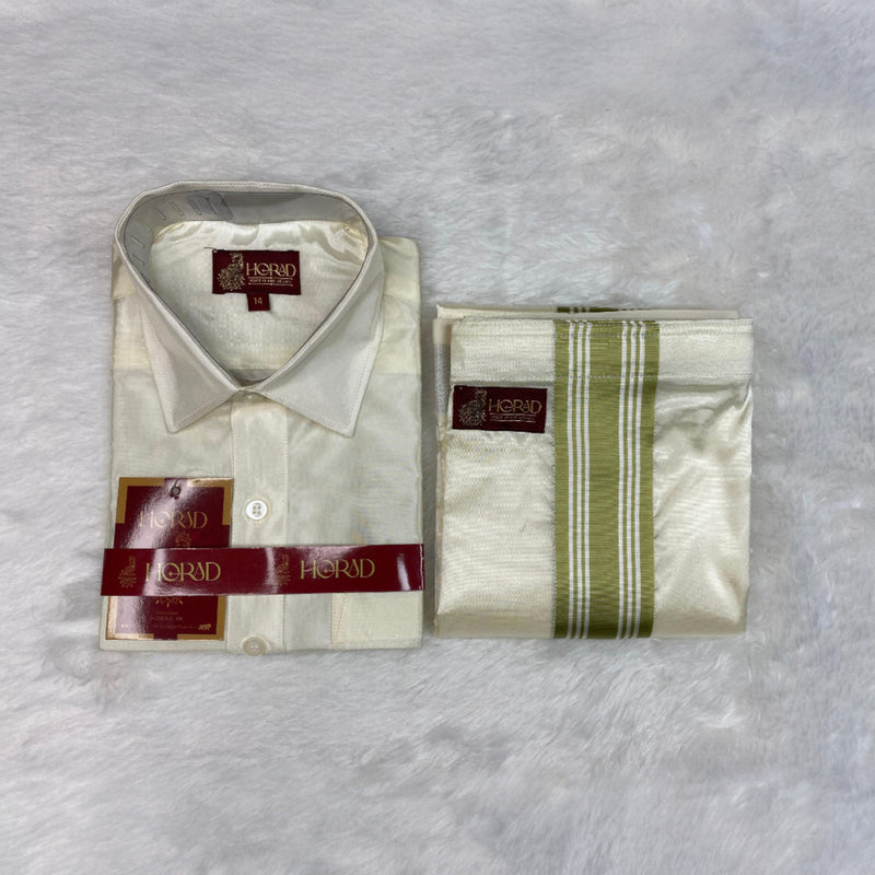 Horad Premium Art Silk Cream with FIR.Green+Silver Border Kids Set
