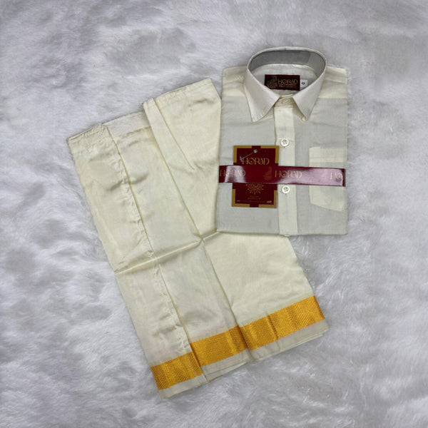 Horad Premium Art Silk Dad and Son Cream Shirt + Cream with Gold Dhoti