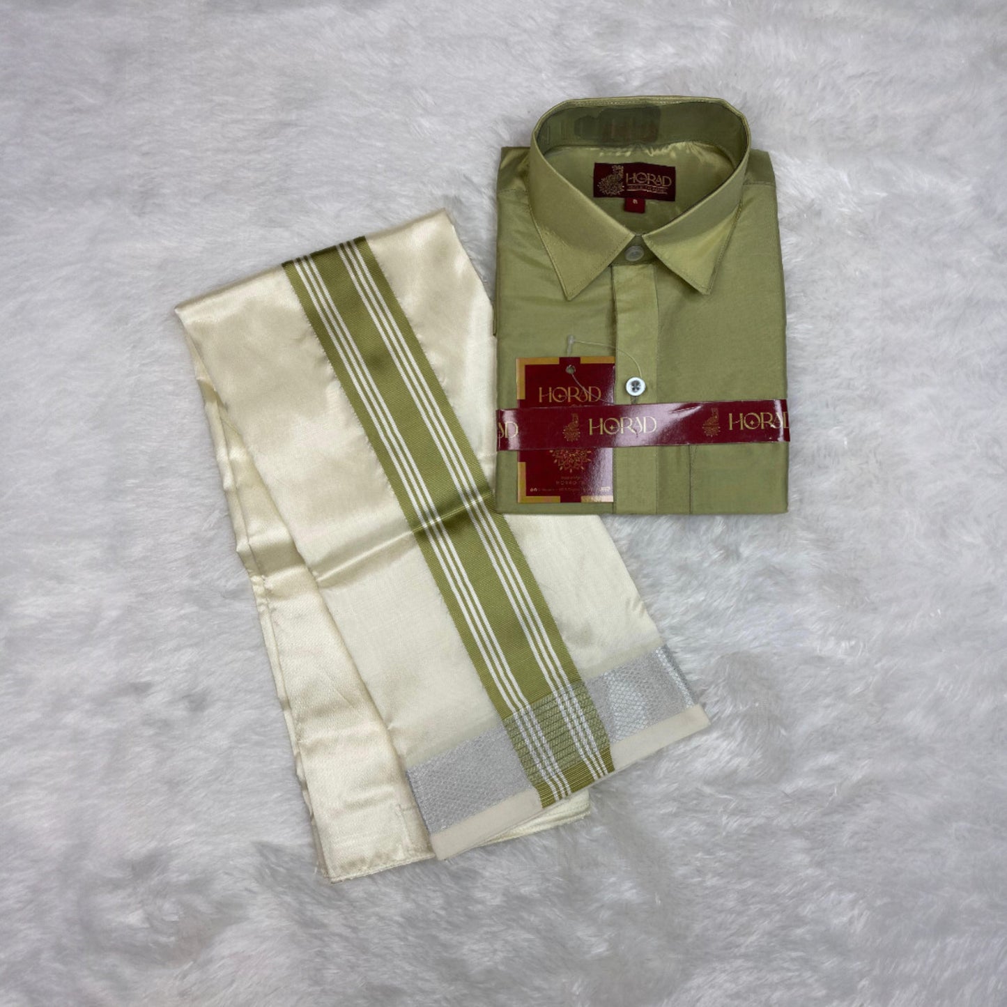 Horad Premium Art Silk Cream with FIR.Green+Silver Border Kids Set