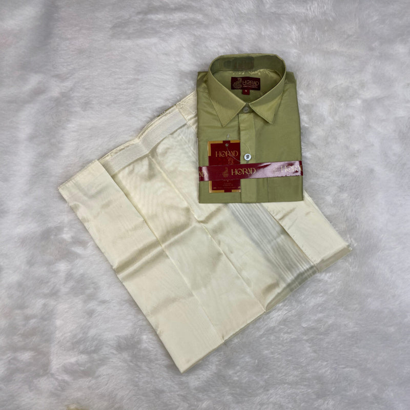 Horad Premium Art Silk Cream with FIR.Green+Silver Border Kids Set