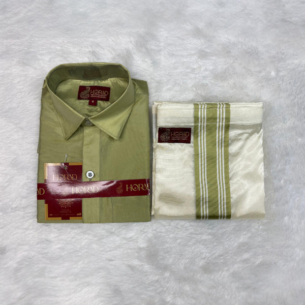 Horad Premium Art Silk Cream with FIR.Green+Silver Border Kids Set