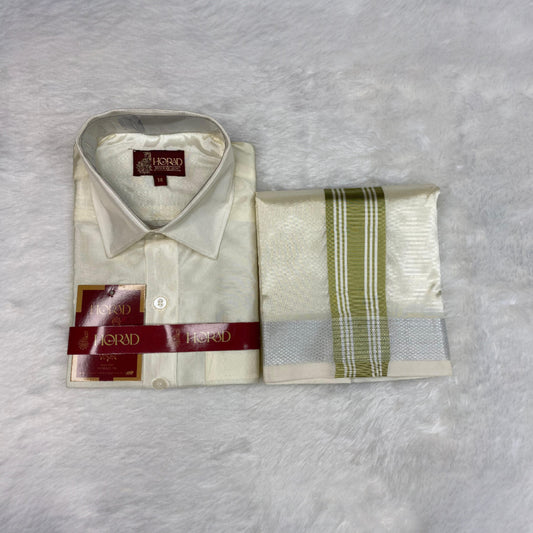 Horad Premium Art Silk Cream with FIR.Green+Silver Border Kids Set
