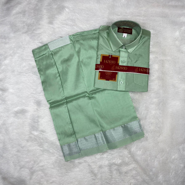 Horad Premium Art Silk Dad and Son Pista Green Shirt + Dhoti + Angavastram