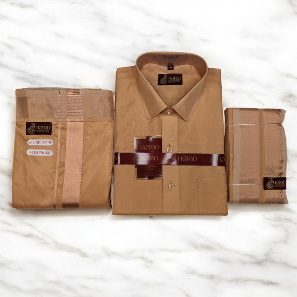 Horad Premium Art Silk Light Copper Shirt + Welcro Dhoti + Angavastram