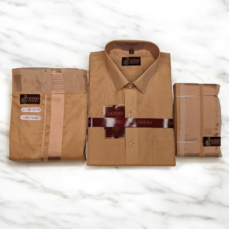 Horad Premium Art Silk Light Copper Shirt + Welcro Dhoti + Angavastram