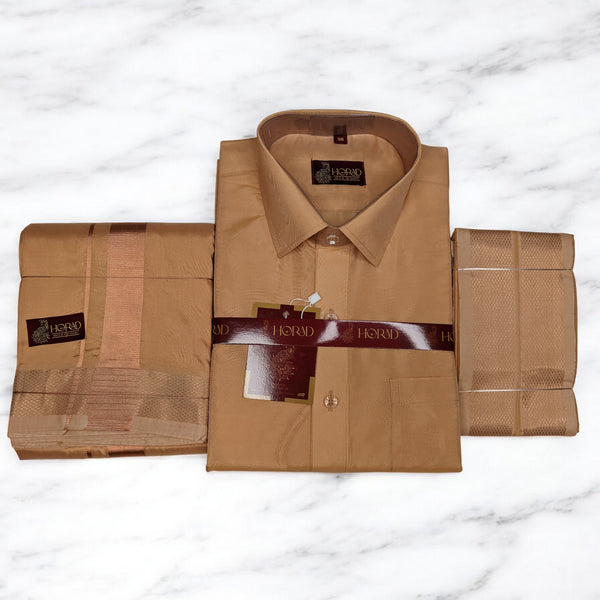 Horad Premium Art Silk Light Copper Shirt + Dhoti + Angavastram
