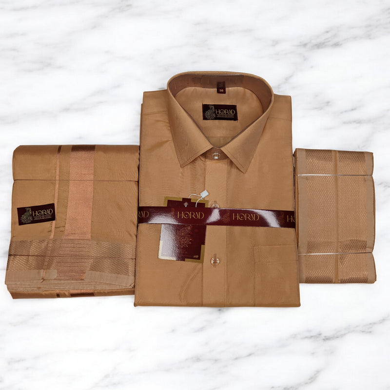 Horad Premium Art Silk Light Copper Shirt + Dhoti + Angavastram