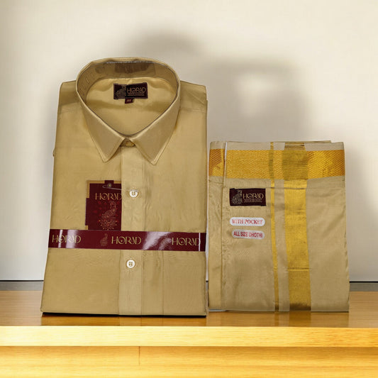 Horad Premium Art Silk Light Gold Shirt + Welcro Dhoti