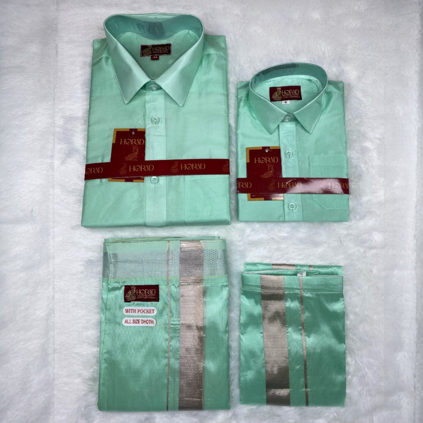 Horad Premium Art Silk Dad and Son ML.Green Shirt + Welcro Dhoti
