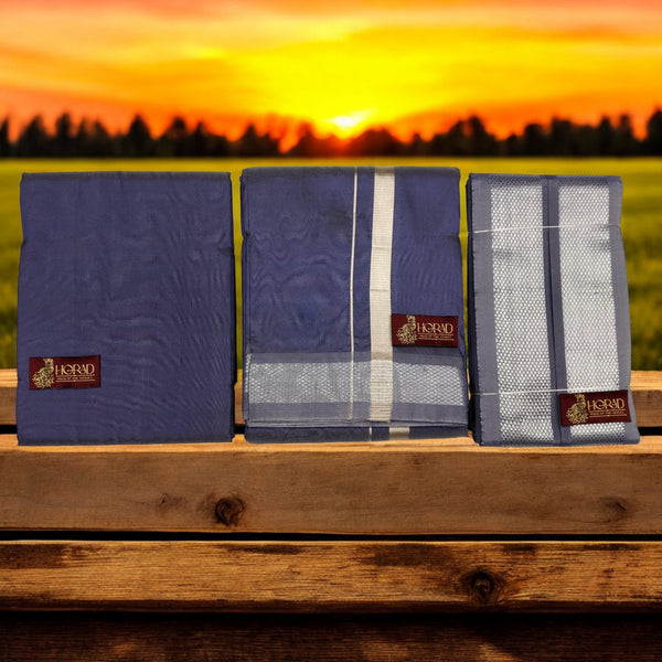 HORAD Premium Art Silk Navy Blue Dhoti with Shirt Material + Angavastram