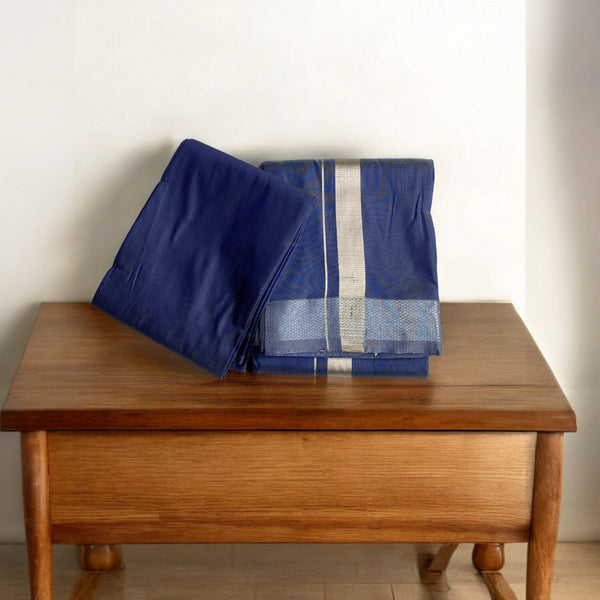 HORAD Premium Art Silk Navy Blue Dhoti with Shirt Material
