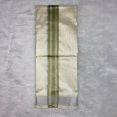 HORAD Premium Art Silk Cream with FIR.Green+Silver Border Dhoti + Angavastram (8X4)