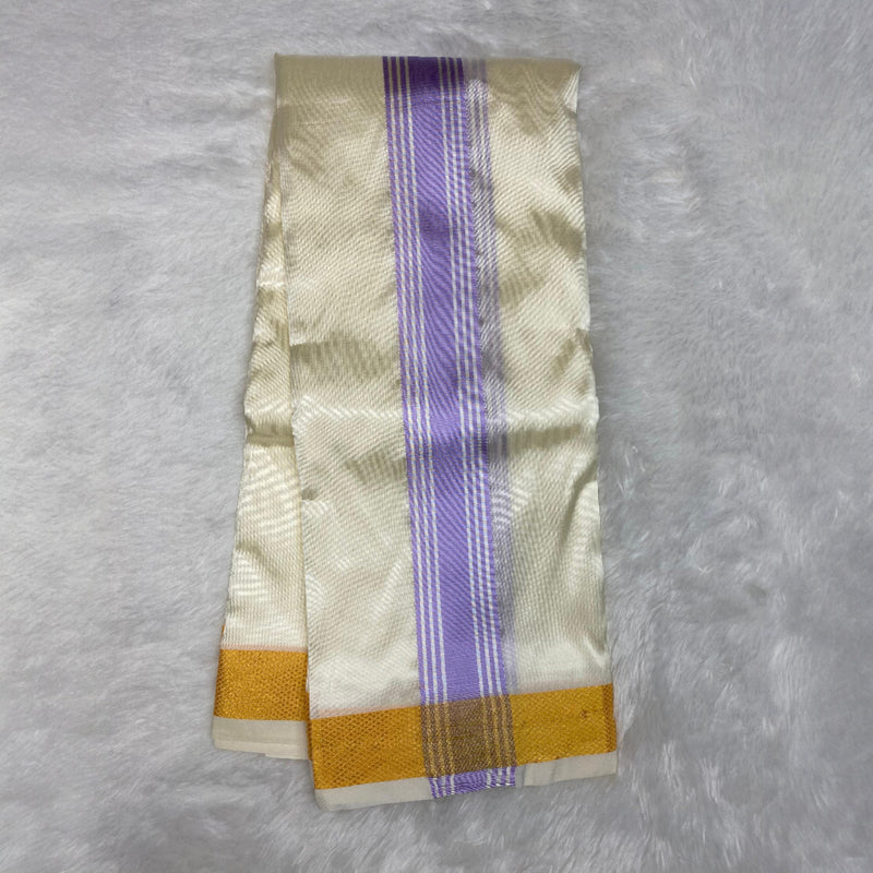Horad Premium Art Silk Cream Shirt + Cream with Lavender+Gold Border Dhoti + Angavastram + Belt