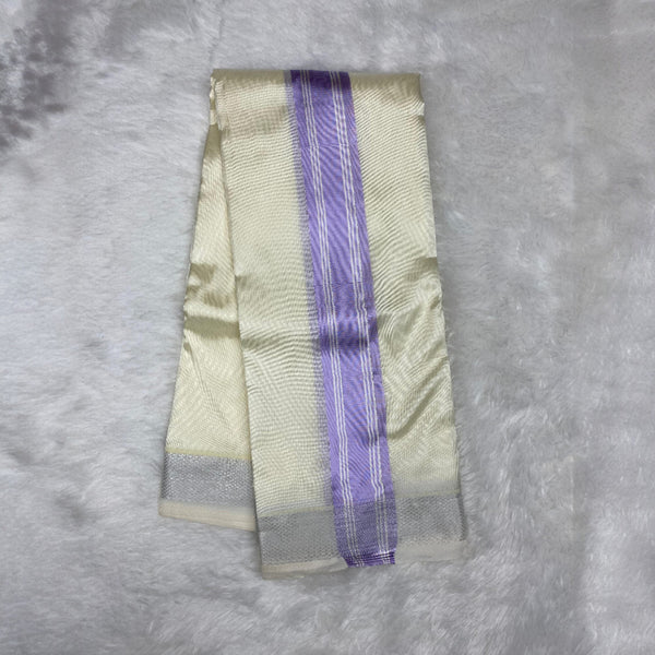 HORAD Premium Art Silk Cream with Lavender+Silver Border Dhoti