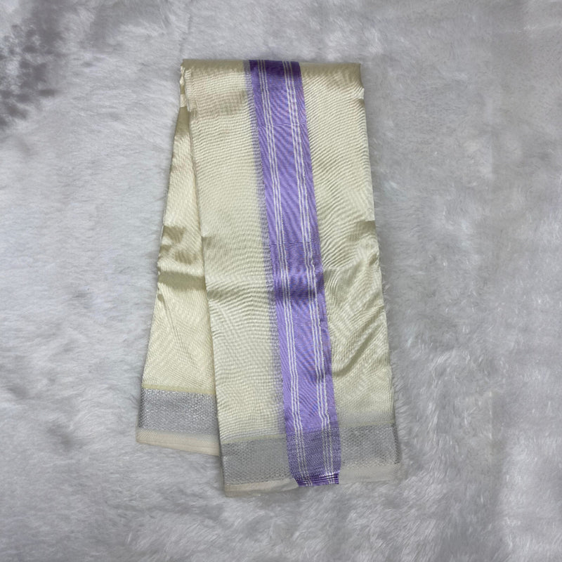 HORAD Premium Art Silk Cream with Lavender+Silver Border Dhoti + Belt