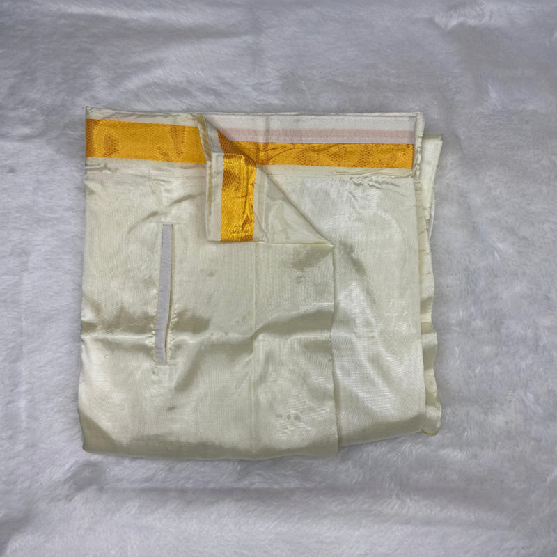 Horad Premium Art Silk Cream Shirt + Cream with Gold Welcro Dhoti + Angavastram