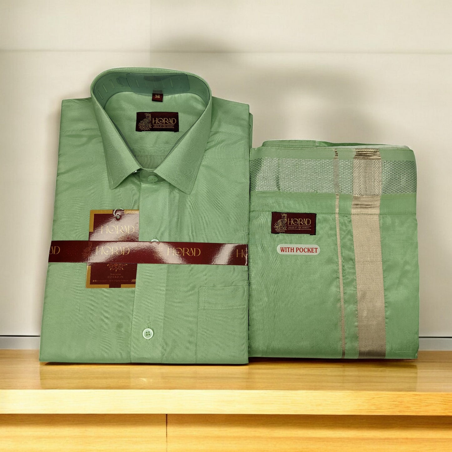 Horad Premium Art Silk Pista Green Shirt + Welcro Dhoti