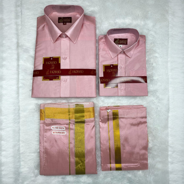 Horad Premium Art Silk Dad and Son Pink Shirt + Welcro Dhoti