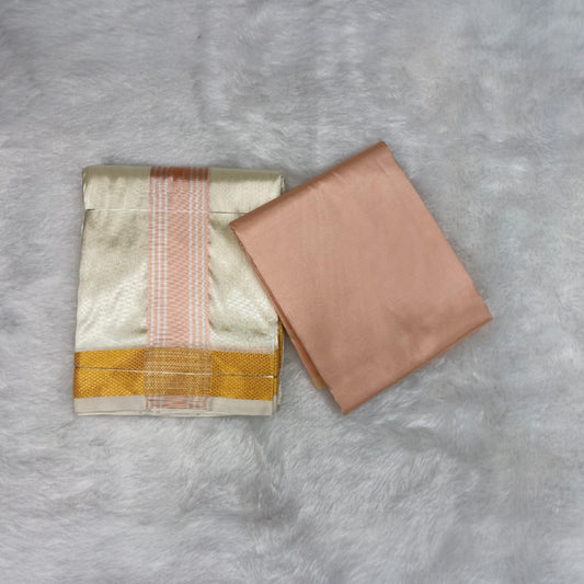 HORAD Premium Art Silk Cream with RoseGold+Gold Border Dhoti with RoseGold Shirt Material