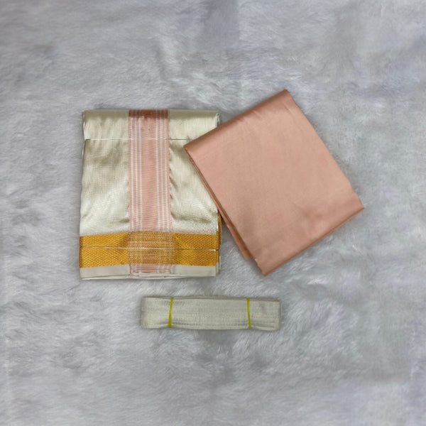 HORAD Premium Art Silk Cream with RoseGold+Gold Border Dhoti with RoseGold Shirt Material + Belt