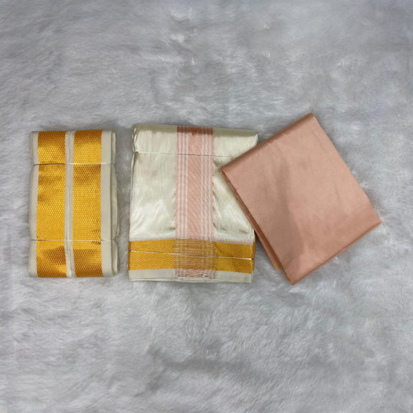 HORAD Premium Art Silk Cream with RoseGold+Gold Border Dhoti with RoseGold Shirt Material + Angavastram