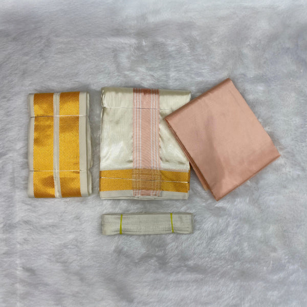 HORAD Premium Art Silk Cream with RoseGold+Gold Border Dhoti with RoseGold Shirt Material + Angavastram + Belt