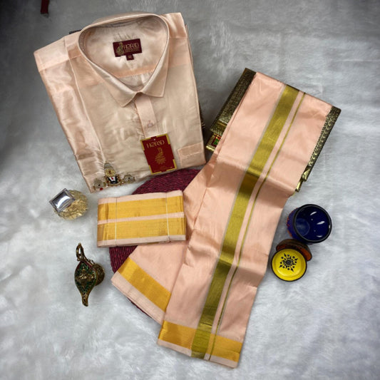Horad Premium Art Silk Rose Gold Balaji Embroidery Shirt + Dhoti + Angavastram