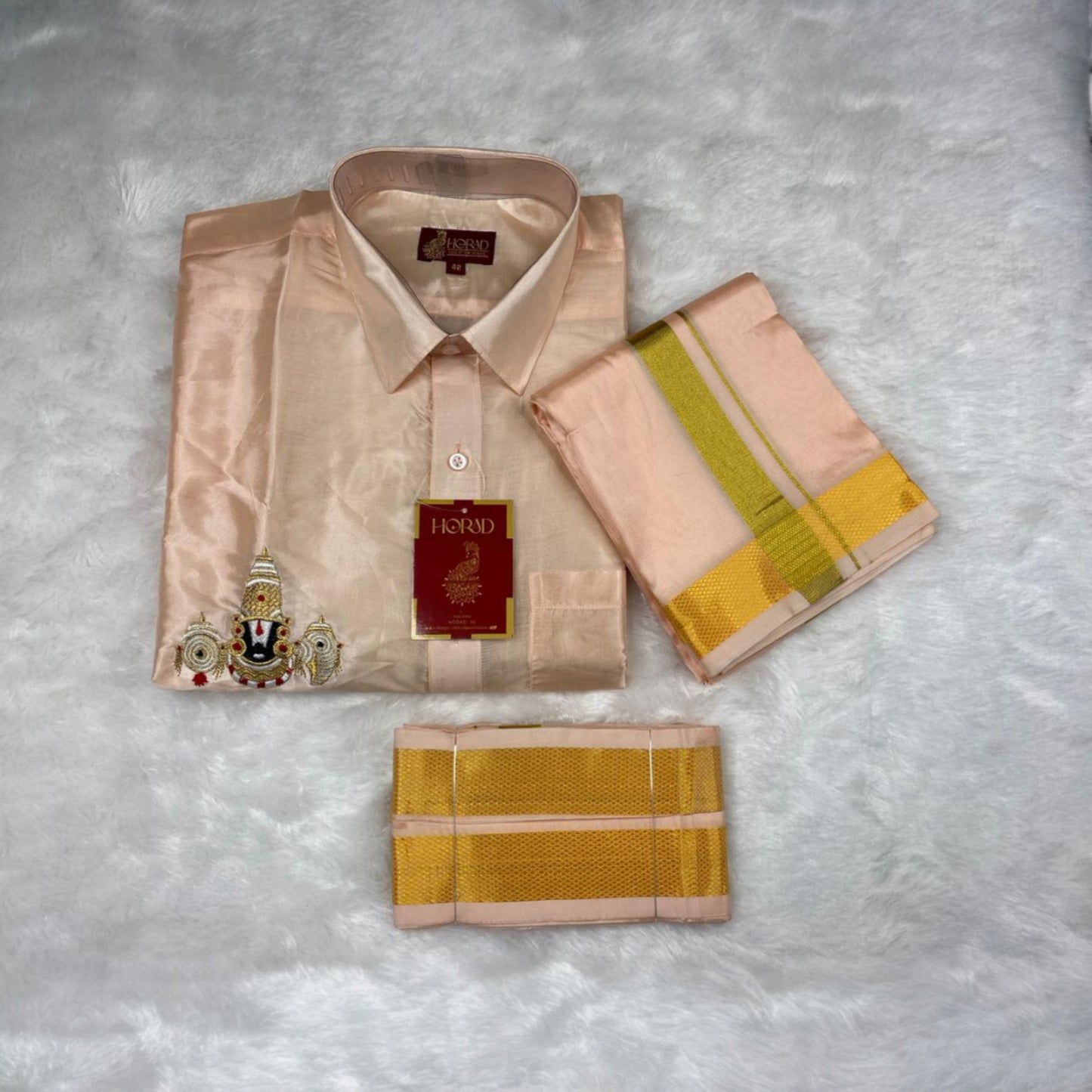 Horad Premium Art Silk Rose Gold Balaji Embroidery Shirt + Dhoti + Angavastram