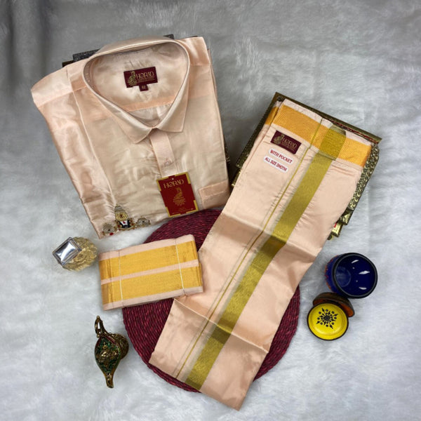 Horad Premium Art Silk Rose Gold Balaji Embroidery Shirt + Welcro Dhoti + Angavastram