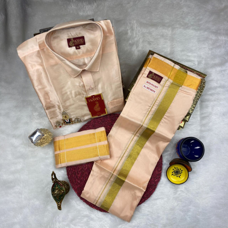 Horad Premium Art Silk Rose Gold Balaji Embroidery Shirt + Welcro Dhoti + Angavastram