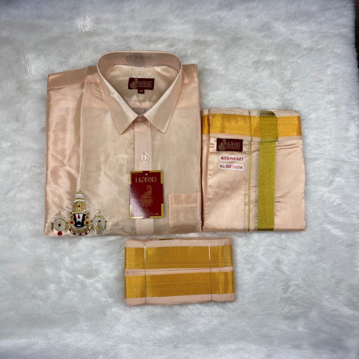 Horad Premium Art Silk Rose Gold Balaji Embroidery Shirt + Welcro Dhoti + Angavastram