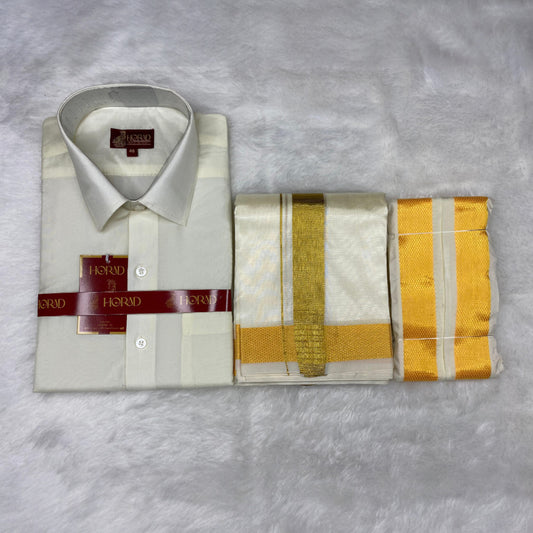 Horad Premium Art Silk Cream Shirt + Cream with Gold Dhoti + Angavastram