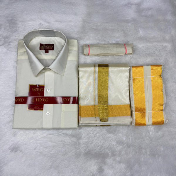 Horad Premium Art Silk Cream Shirt + Cream with Gold Dhoti + Angavastram + Belt