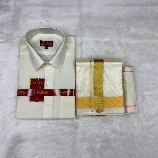 Horad Premium Art Silk Cream Shirt + Cream with Gold Dhoti + Belt