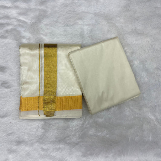 HORAD Premium Art Silk Cream with Gold Dhoti with Shirt Material
