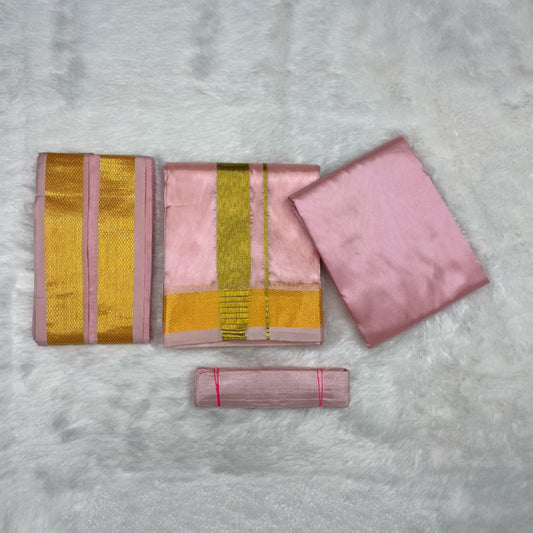 HORAD Premium Art Silk Petal Pink Shirt Material (3 Meter) + (9X5) Dhoti + Angavastram + Belt